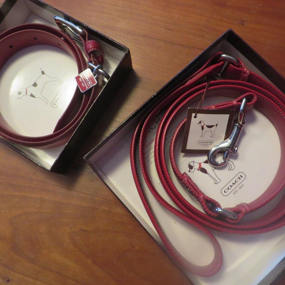New Coach Red Dog Collar FS8848 Sz XLarge +Matching Dog Leash FS4004 Sz Large